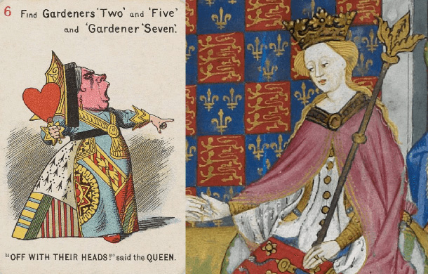 ランカスター家のマーガレット王妃（右）と「不思議の国のアリス」のハートのクイーン（左）