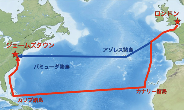 1606年の初回の航海ルート（赤字）と09年の北カリブ海ルート（青字）