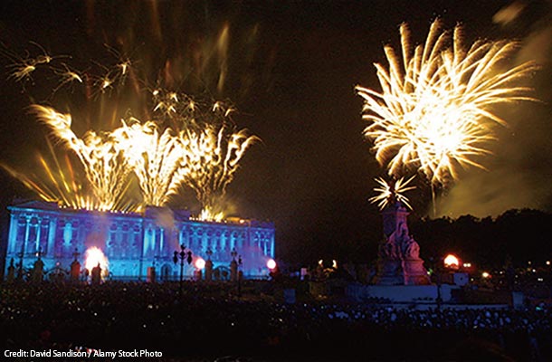 バッキンガム宮殿の真上に上がる盛大なお祝いの花火
